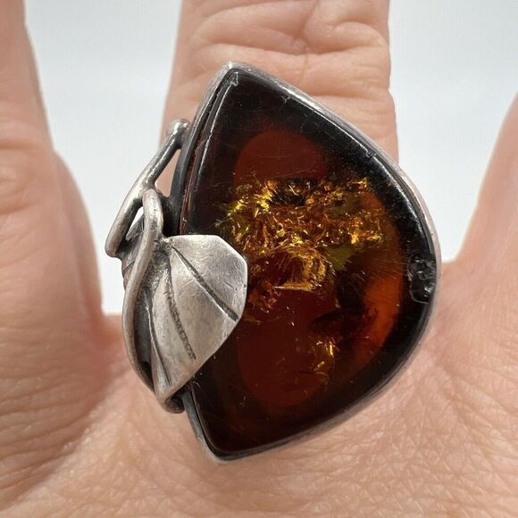925 Solid Sterling Baltic Amber Large Designer Ring Size 8 Handmade Tested Bonus - Picture 1 of 15